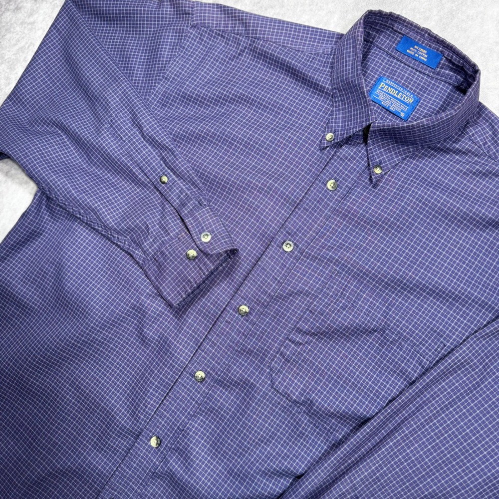Pendleton Mens Large Purple Grid Check Cotton Button Down Shirt Long Sleeve L